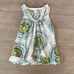 Anthropologie White Top with Green and Yellow Design